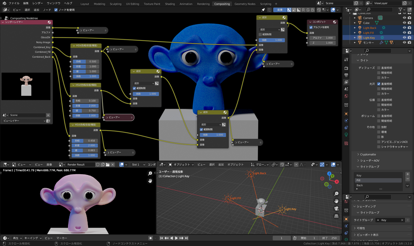 それぞれのライトを個別に調整できるようにした「コンポジションノードツリー」例
