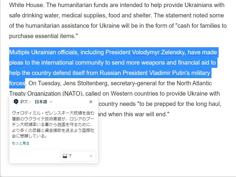 翻訳結果。パネルの表示場所は上下選べる