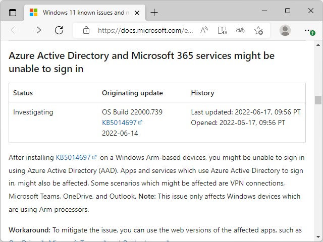 「Windows release health」での告知