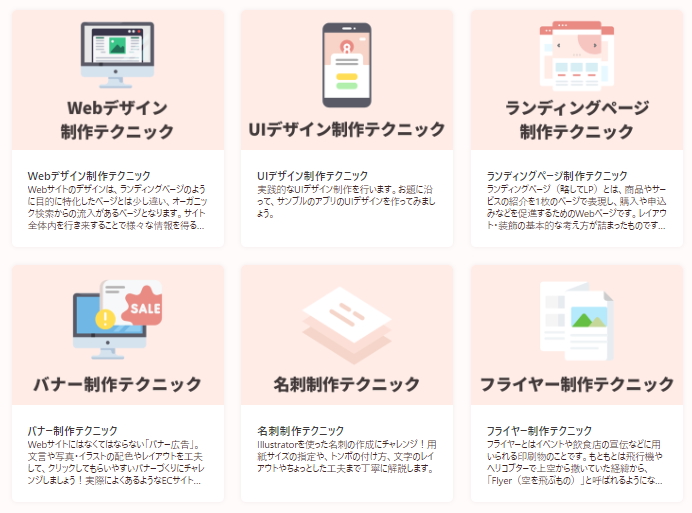 バナーや名刺など、制作テーマごとに学べる「実践」編も