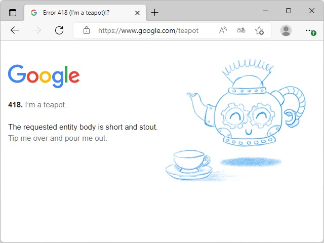 「418 I'm a teapot」を返すGoogleのWebページ