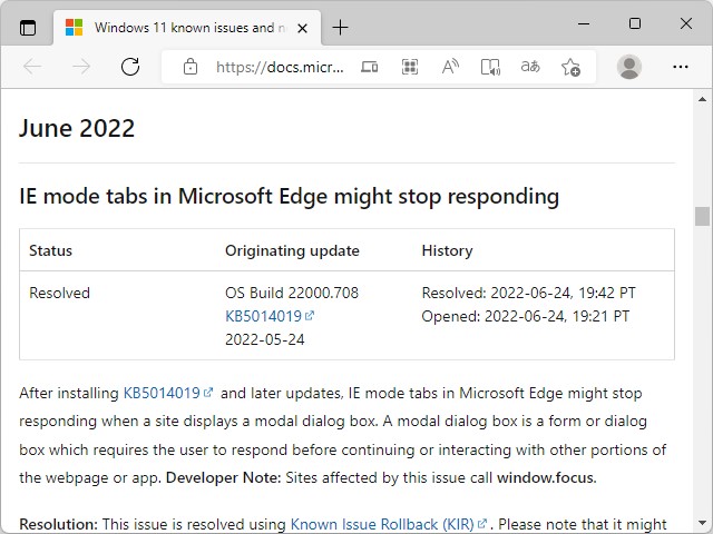 「Windows release health」におけるアナウンス