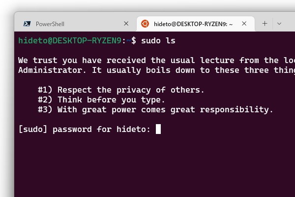 「sudo」コマンドの警告メッセージ（英語）