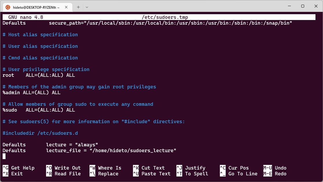 「visudo」コマンドで「/etc/sudoers」を編集