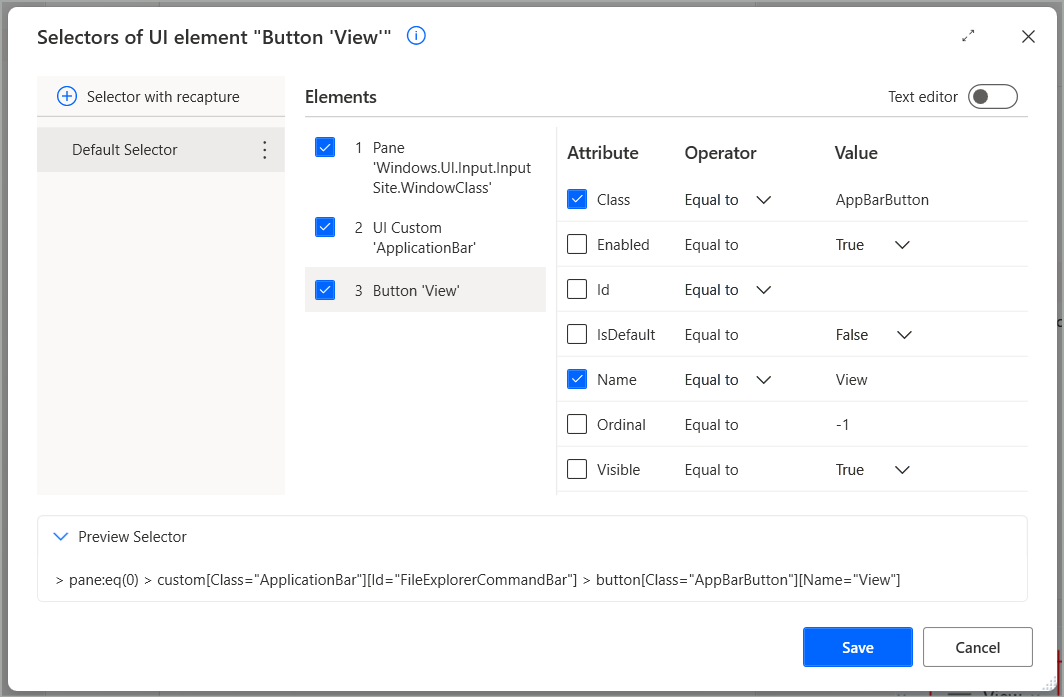 UI要素セレクターを編集するための新画面