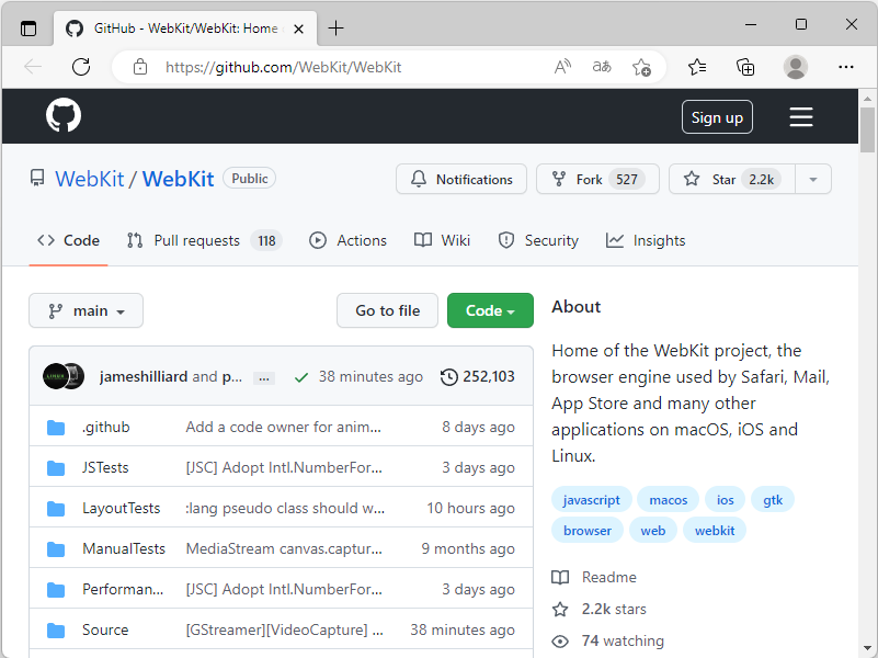 「WebKit」の「GitHub」リポジトリ