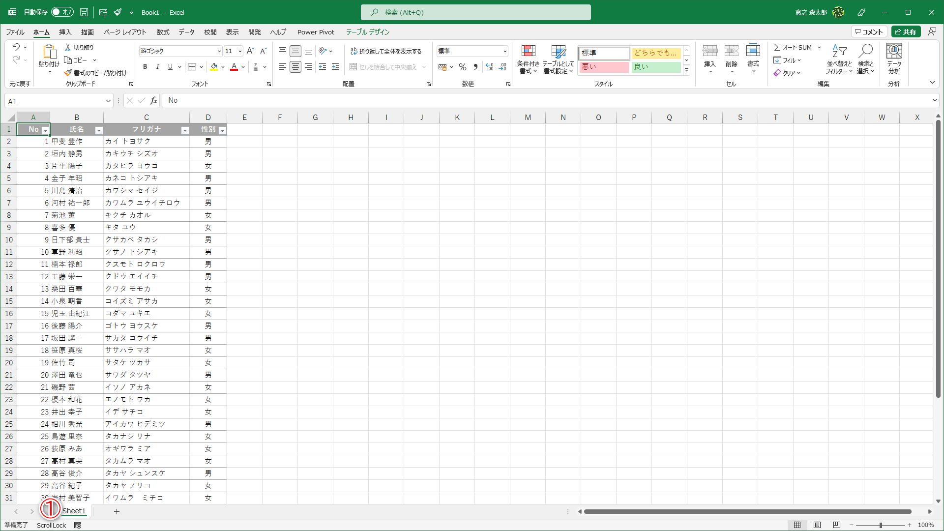 Excelの画面左下のステータスバー（①）を確認します。「ScrollLock」と表示されている時は「ScrollLock」が有効な状態です