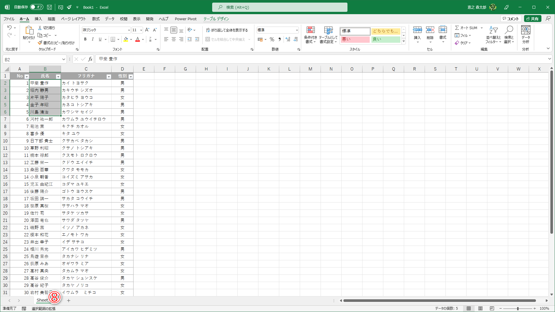 矢印キーを押してセルの選択範囲が広がる場合は「選択範囲の拡張」が有効になっています。ステータスバー（⑧）を確認しましょう
