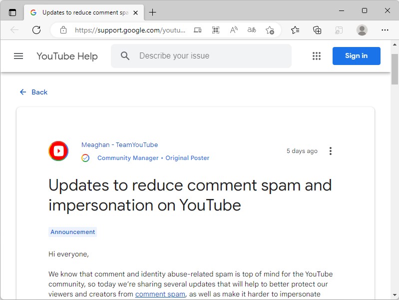 YouTube、コメントスパムやなりすましを減らすためのアップデートを実施