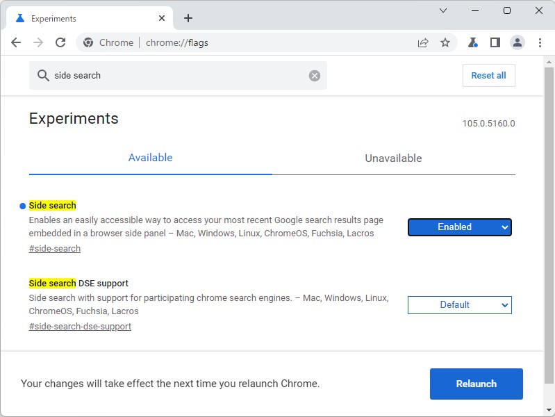 「chrome://flags/#side-search」フラグを有効化して「Chrome」を再起動