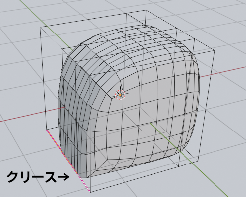 サブディビジョンサーフェスによる細分化とクリース。「辺」が狭いところでは曲率が大きくなり、「クリース」が設定された「辺」に曲面が接近している
