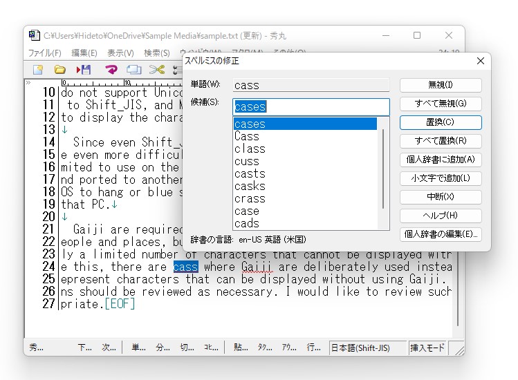 スペルチェックを実行している様子