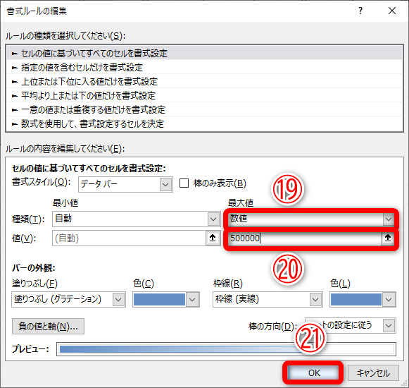 ［書式ルールの編集］ダイアログボックスが表示されました。ここでは最大値と設定します。［種類］の［最大値］で［数値］（⑲）を選択して、［値］に「500000」と入力（⑳）します。［OK］（㉑）をクリックします。
