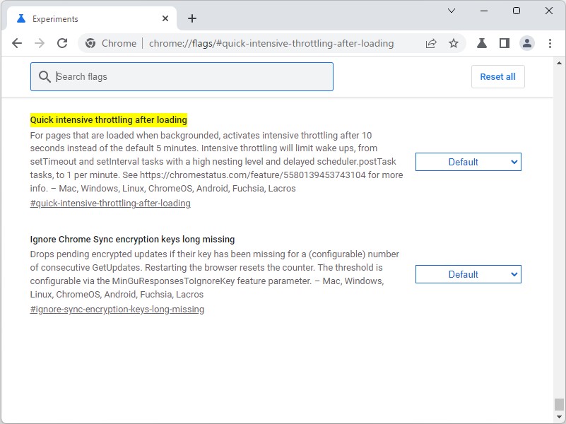 「chrome://flags/#quick-intensive-throttling-after-loading」試験フラグ