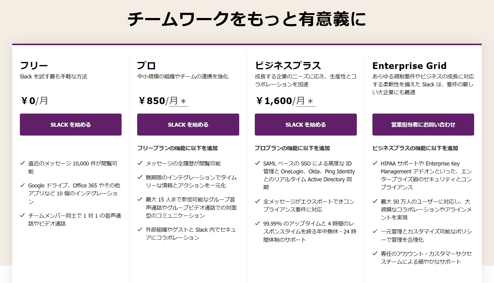 「Slack」各プランと月額料金（7月19日時点のもの）