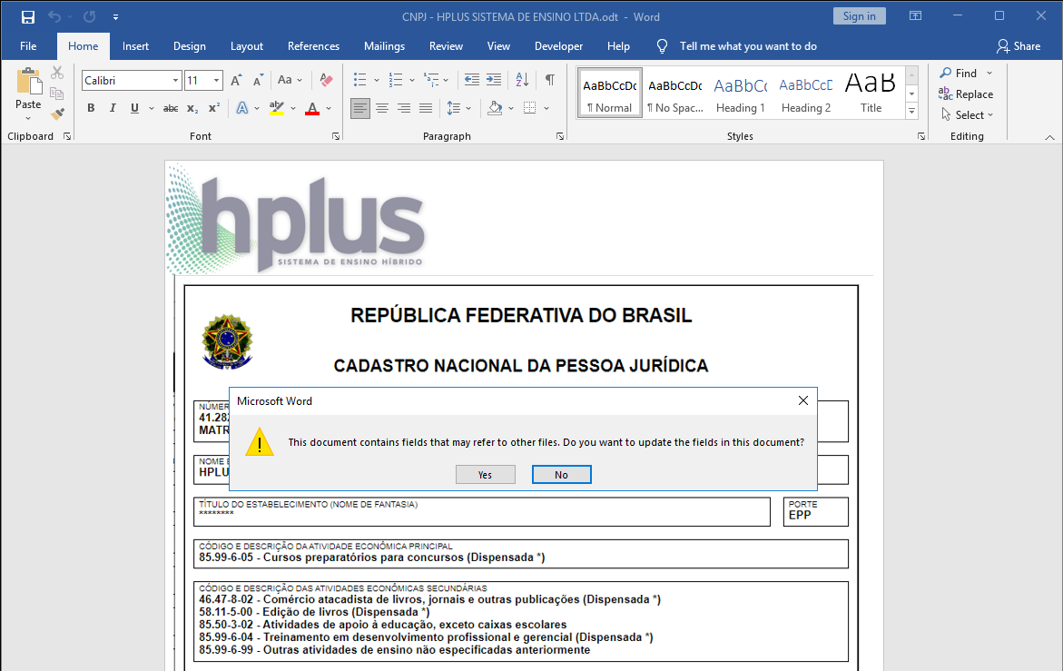 確認されたマルウェアはテキスト文書（ODT）の体裁をとっており、開くと他のファイルへの参照を含むフィールドを更新するかを問うダイアログが現れる