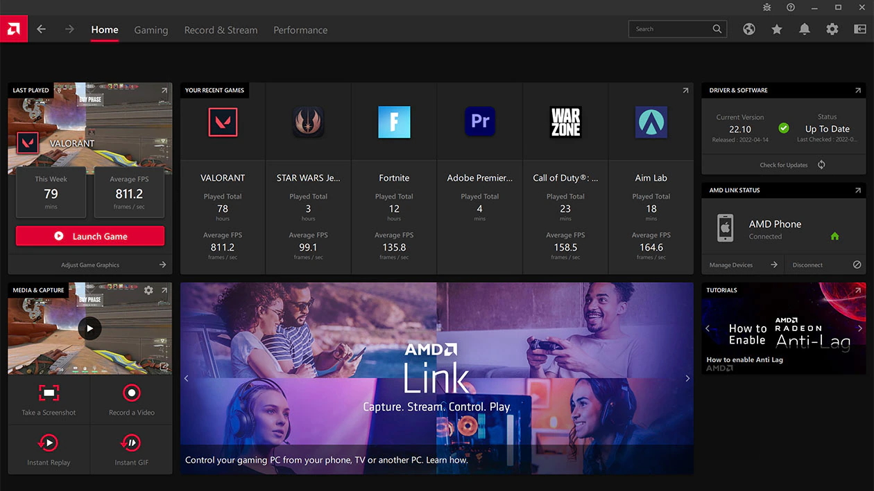 「AMD Software: Adrenalin Edition」のホーム画面