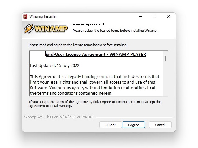 「Winamp 5.9」のインストーラー。ライセンス許諾も更新されている