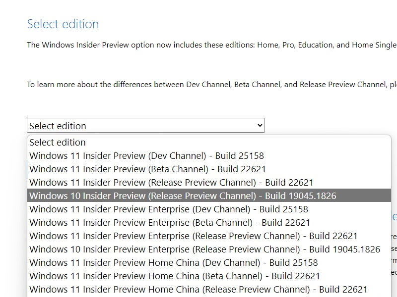 プルダウンメニューでビルドナンバー「19045.1826」を選択