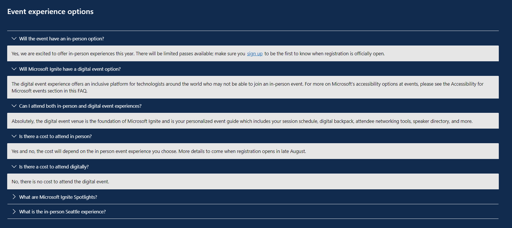 「Microsoft Ignite」のFAQページ。今年はリアルイベントも開催