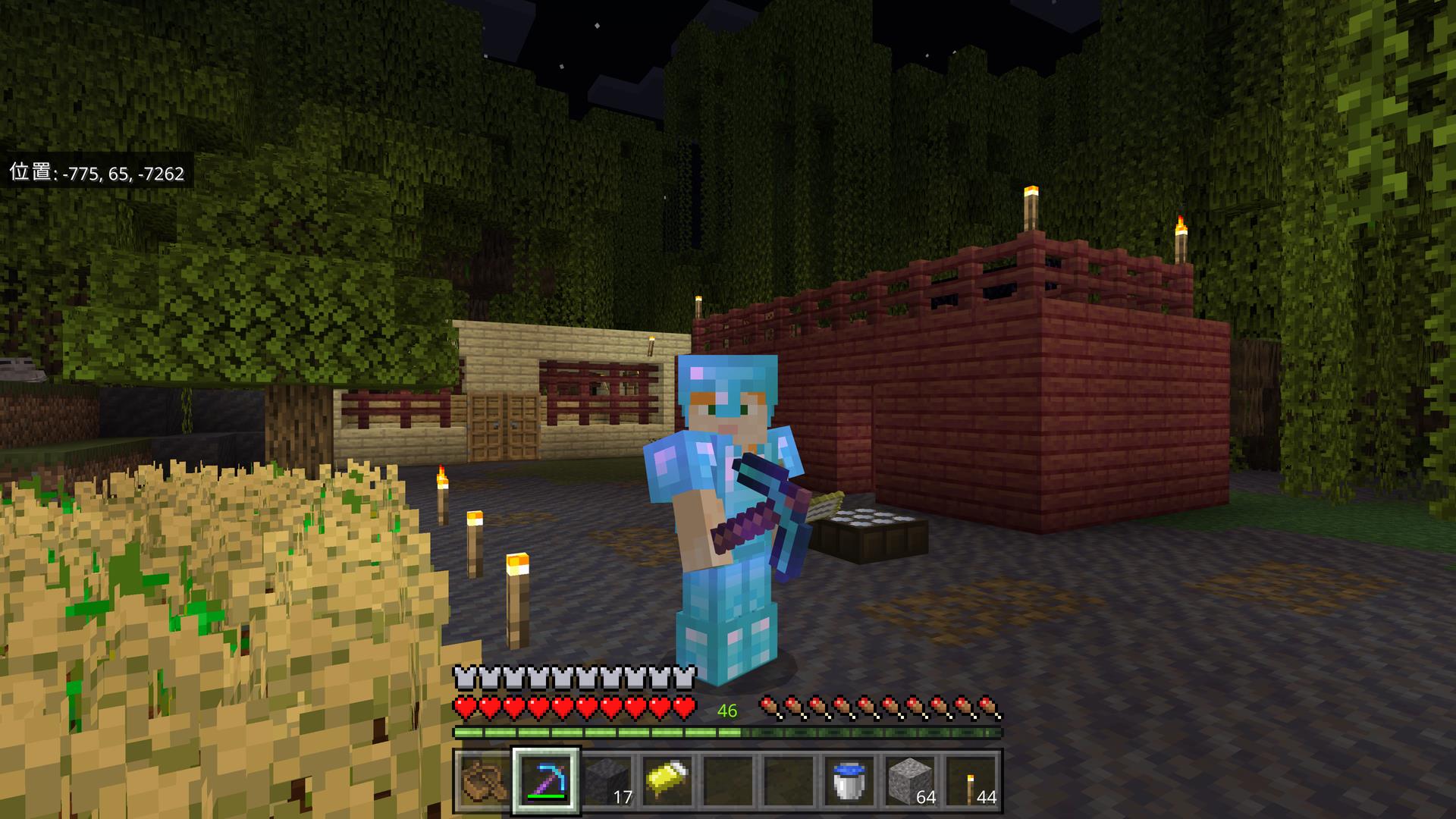 親もなんだかんだで真剣にプレイしている。画像に見える建物は、左が私、右が息子の手によるもの。新たな土地では1人ずつ家を建てる決まりらしい