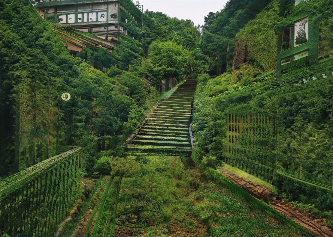 石段が緑で覆われた風景に一変した