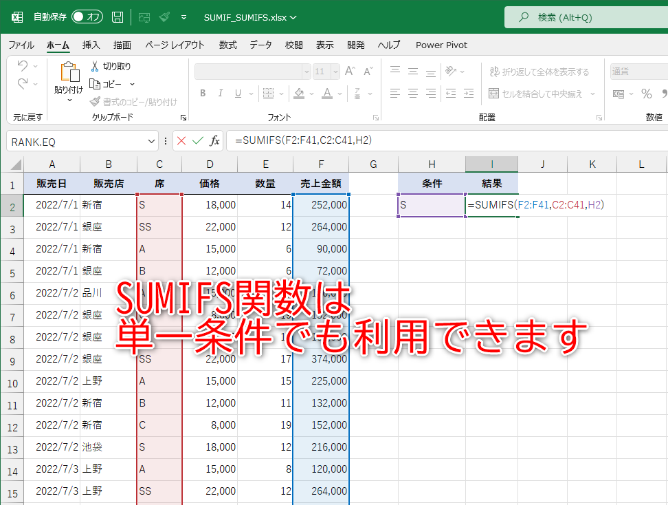 SUMIFS関数は単一条件でも利用できます