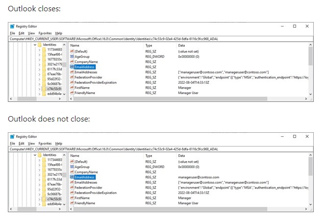 レジストリパスに保存されているはずの「EmailAddress」文字列データが、何らかの理由で空になってしまう