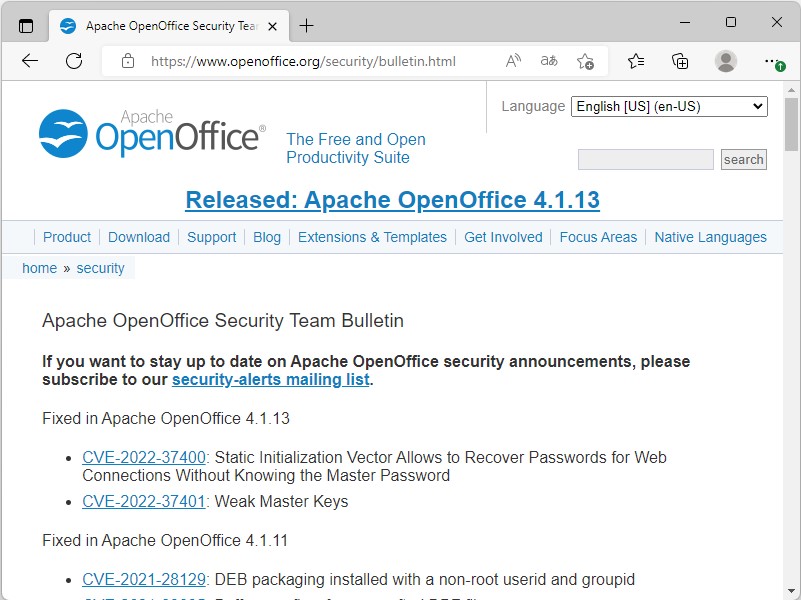 Apache財団、「Apache OpenOffice」v4.1.13で修正した脆弱性の内容を公表