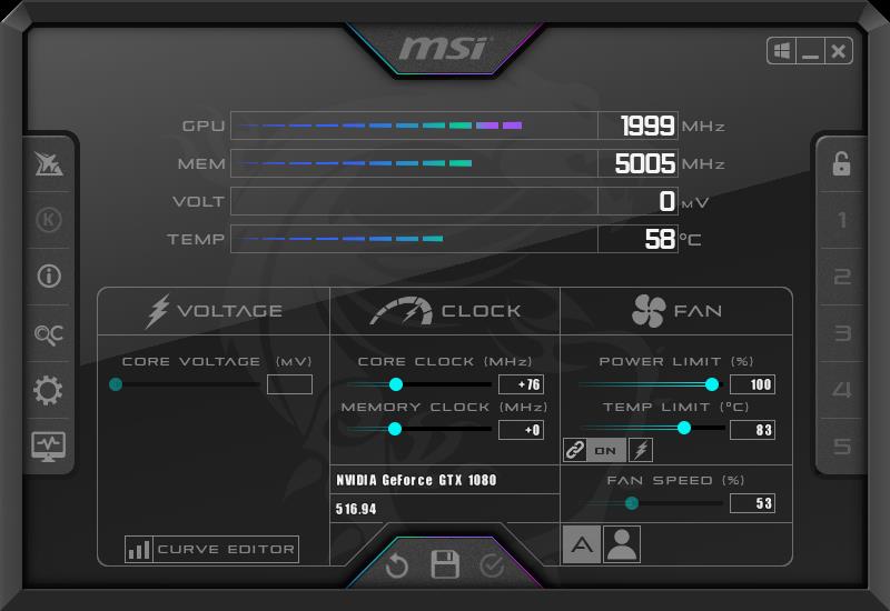 「MSI Afterburner」のメイン画面。複数のスキン（見た目）も用意されている
