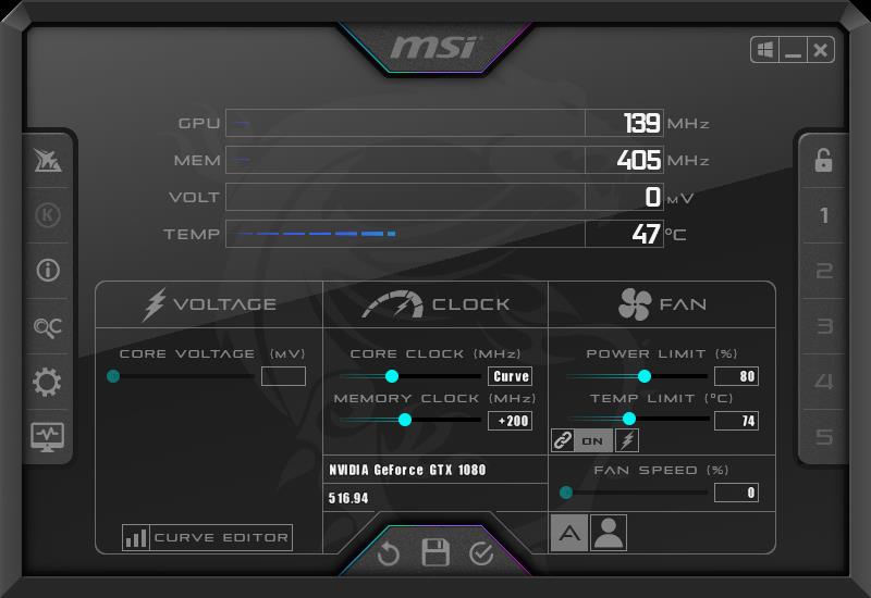 「Power Limit（％）」の値を減らすと、消費電力を減らせる。この状態だとリミット80％、つまり20％削減