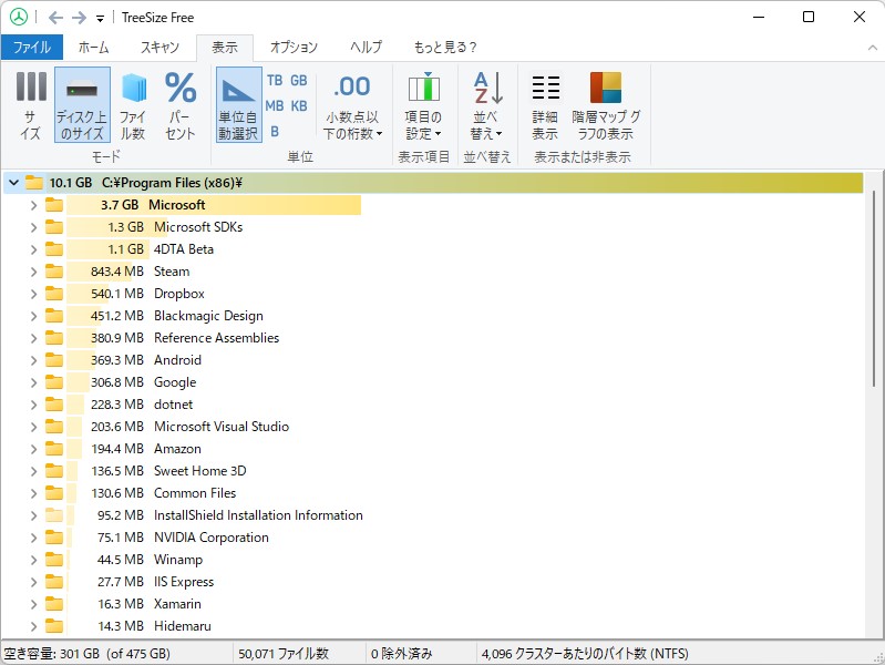 リボンの［表示］タブにある［詳細］ボタンでリストの詳細部分の表示・非表示を切り替え