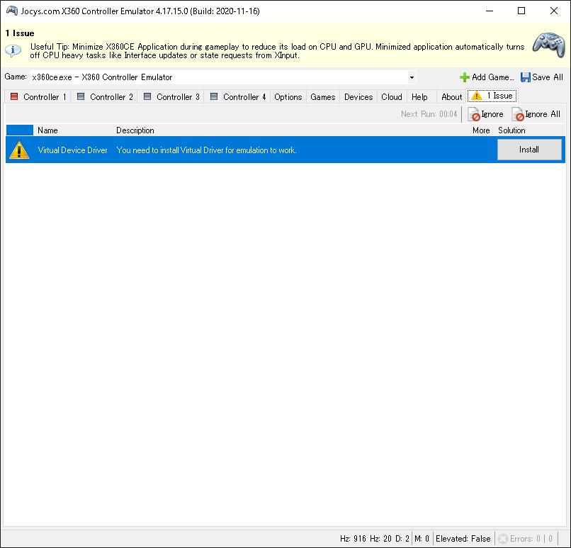 ［Issue］タブに注意のマークが表示されたので見てみると、仮想ドライバーのインストールを促される。素直に［Install］ボタンをクリック