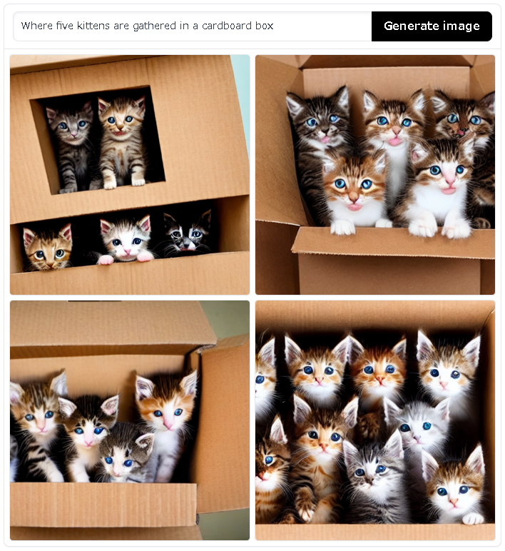 「5匹の子猫がダンボール箱の中に集まっているところ」を翻訳して貼り付け。はっきりと精度が上がった。そしてかわいい