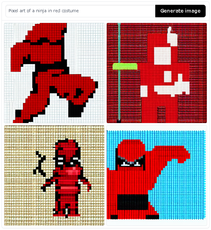 「赤い服の忍者をドット絵で」。ドット絵は苦手なようだが、意図は伝わっている
