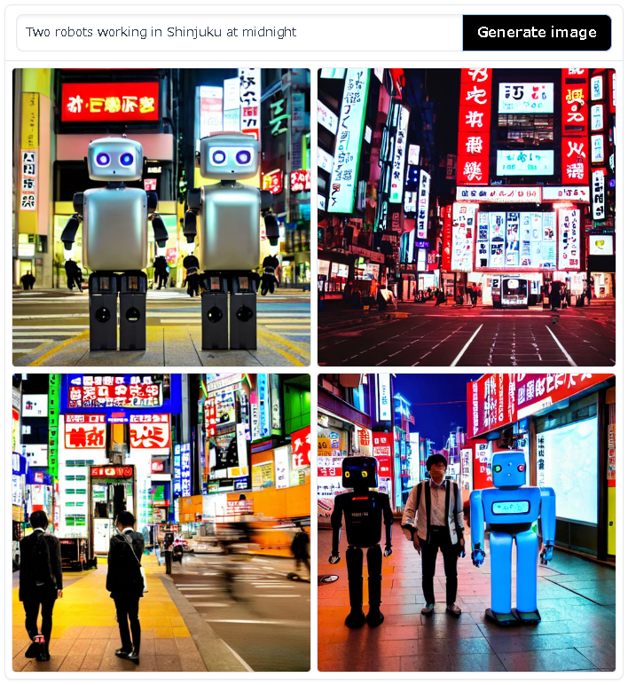 「深夜の新宿で働く2体のロボット」。何に使えるかは全くわからないが個人的にはとても好き
