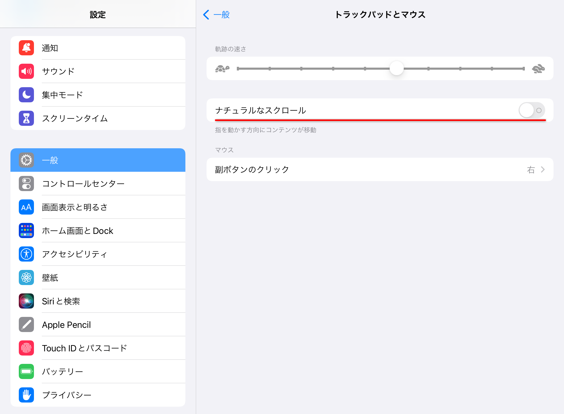 ［ナチュラルなスクロール］のスイッチをOFFにする。［軌跡の速さ］でポインターの移動速度を変更可能