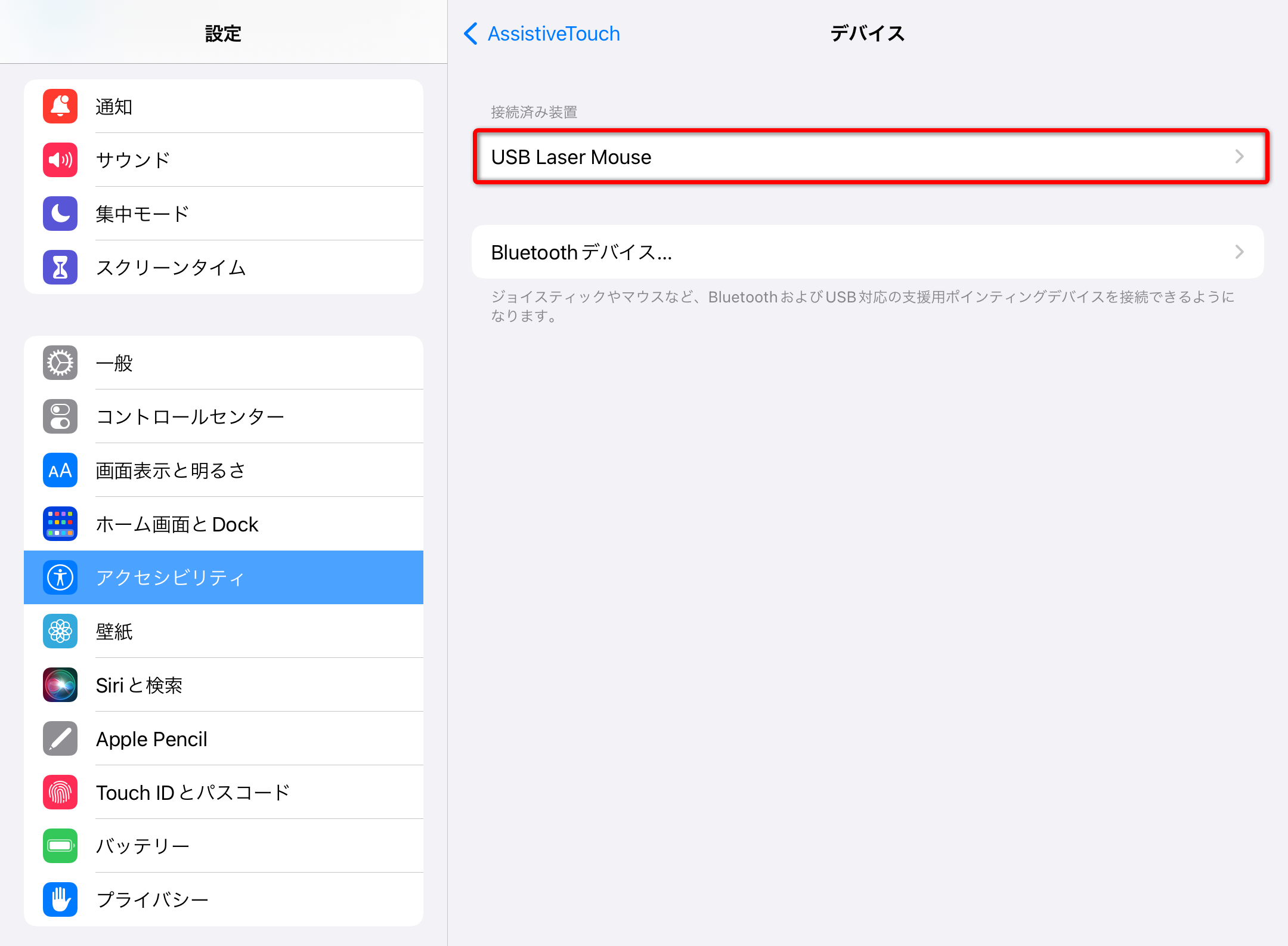 接続済みのマウスの項目をタップする