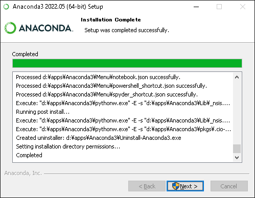 インストールが途中で止まったように見えることもあるが、しばらく放置していると進んだ。完了すると「Completed」の表示が出るので気長に待とう