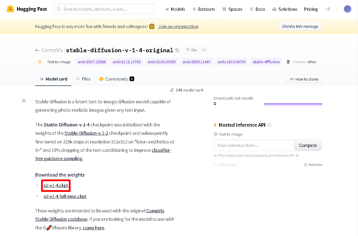 「sd-v1-4.ckpt」をダウンロードする