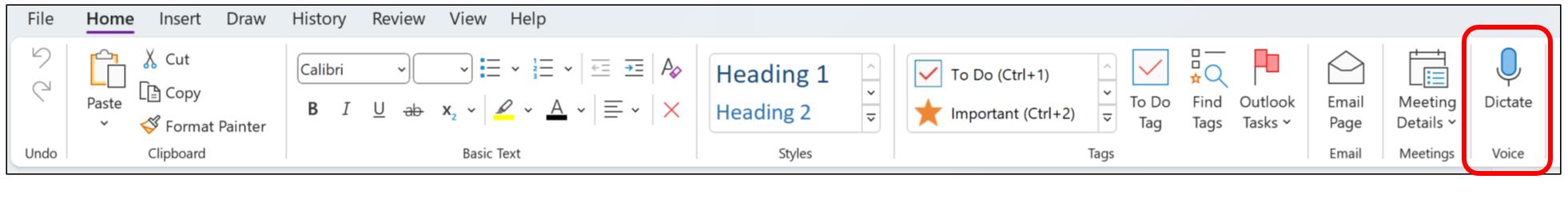 ［ホーム］タブに［ディクテーション］ボタン