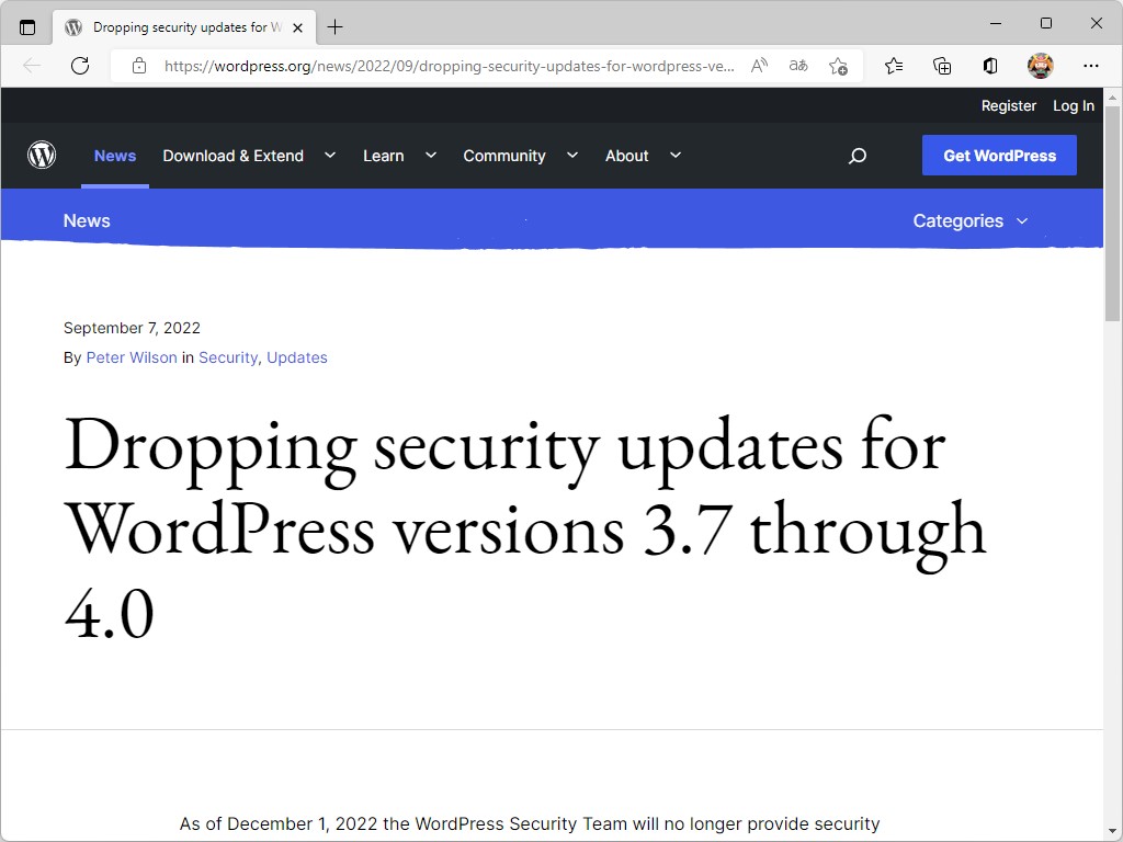「wordpress.org」における告知