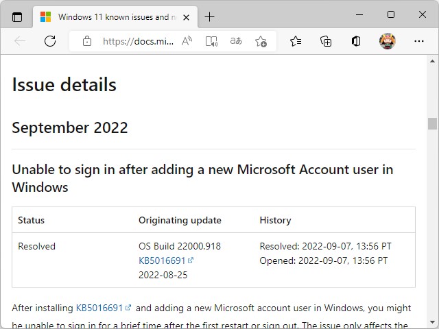 「Windows release health」におけるアナウンス