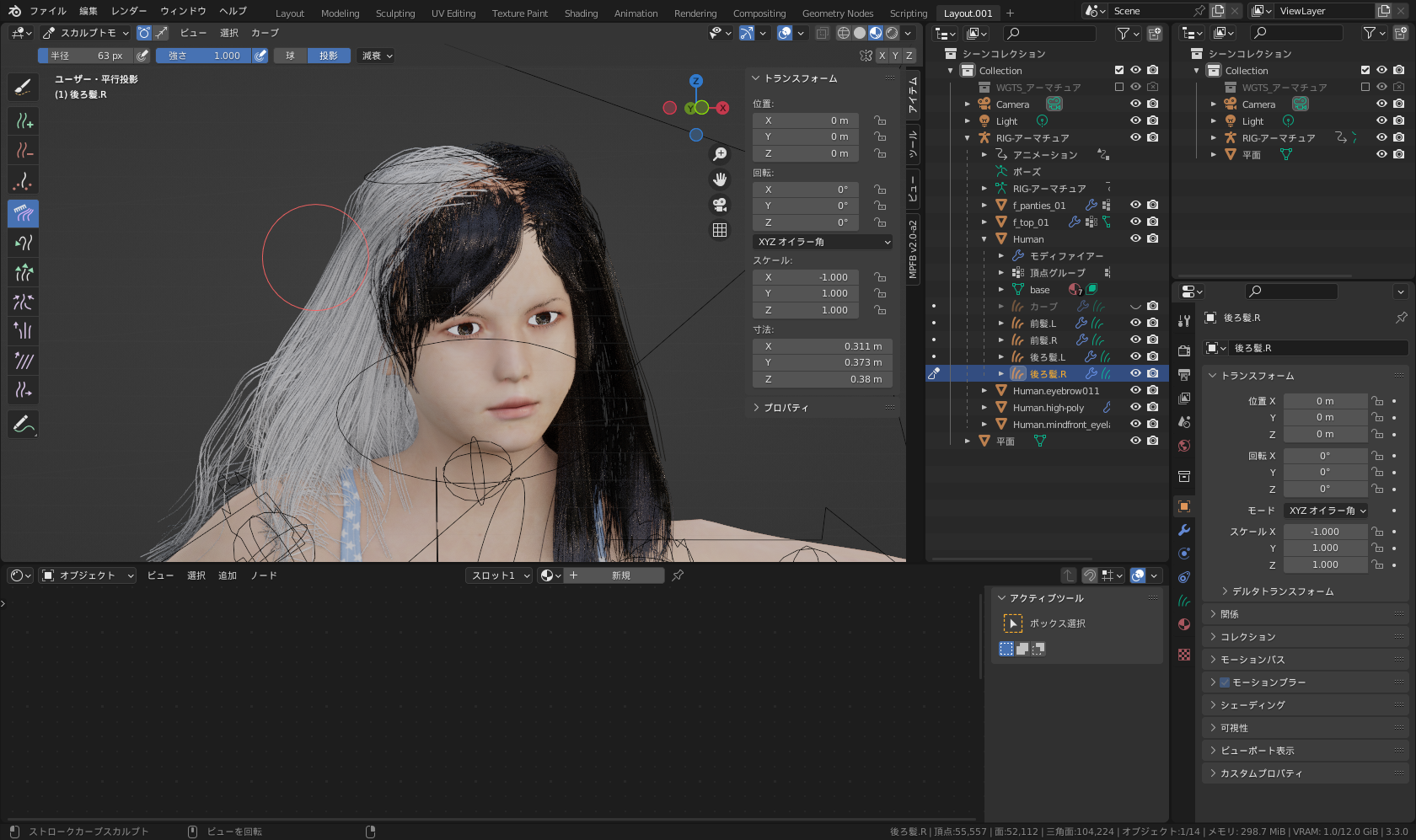「ヘアーカーブ」での作業中の画面
