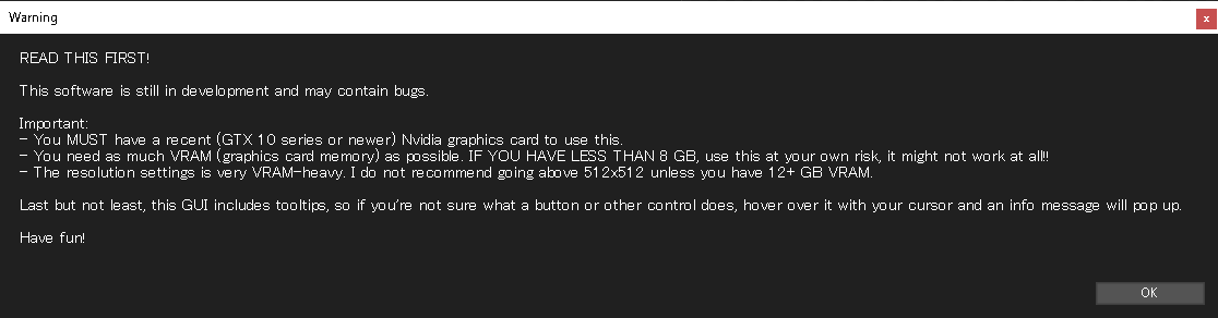 起動時に動作環境などを示した注意書きが表示される