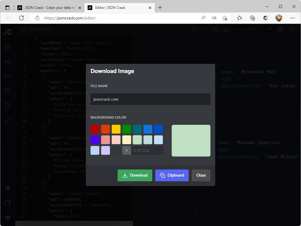 グラフを画像としてクリップボードへコピーしたり、ローカルにダウンロードすることも。その際は背景色を設定できる