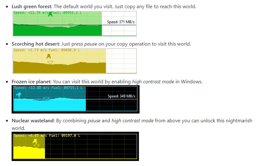 コピーを一時停止すれば、砂漠のステージに。Windowsのハイコントラストモードを活用すれば、オリジナルステージの作成も可能？