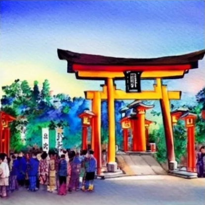 「タ暮れの神社の夏祭りを描いた水彩画」の指示で生成された画像