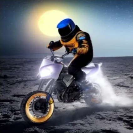 「宇宙の月でバイクで走るライダー」の指示で生成された画像