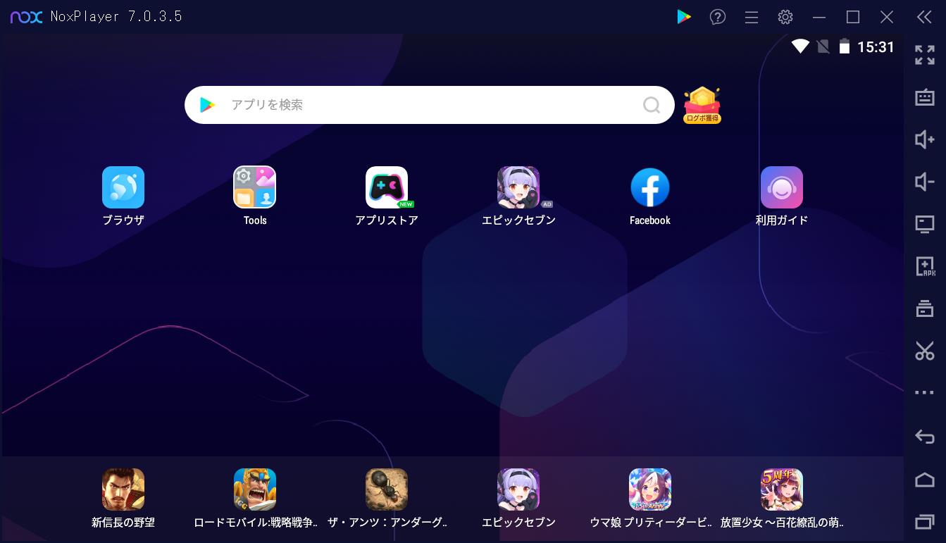 こちらは「NoxPlayer」の画面。一般的なAndroidタブレットのイメージで使える